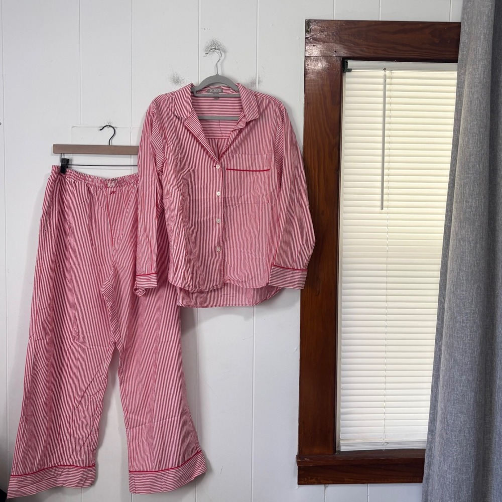 J.Crew Womens Red White Striped Cotton Pajama Set M Top L Bottoms PJs